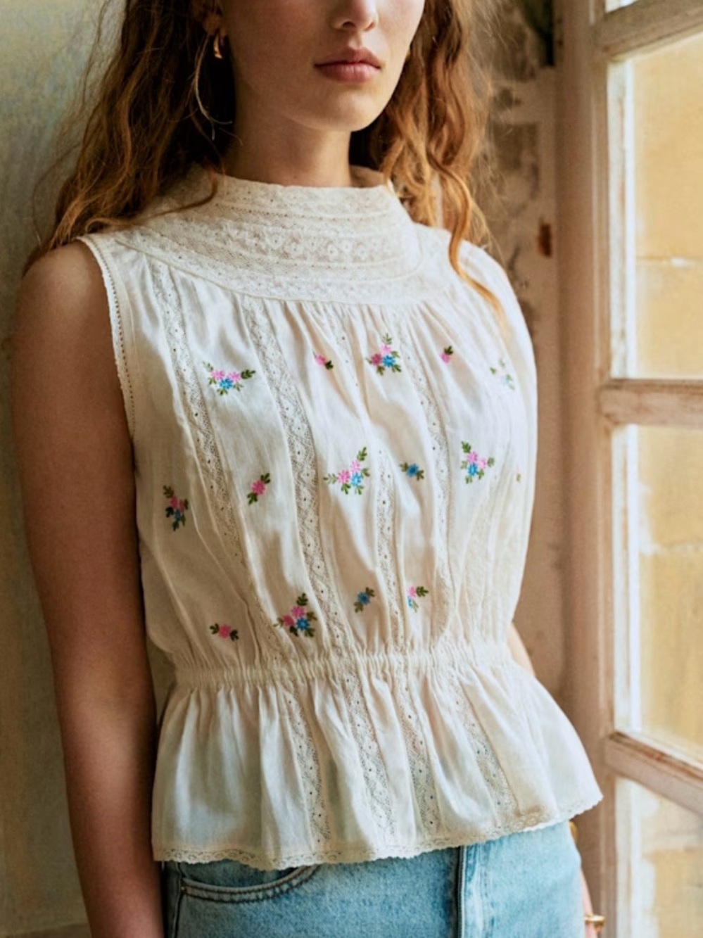 Sezane White Sleeveless Eyelet Peplum Top with Floral Embroidery
